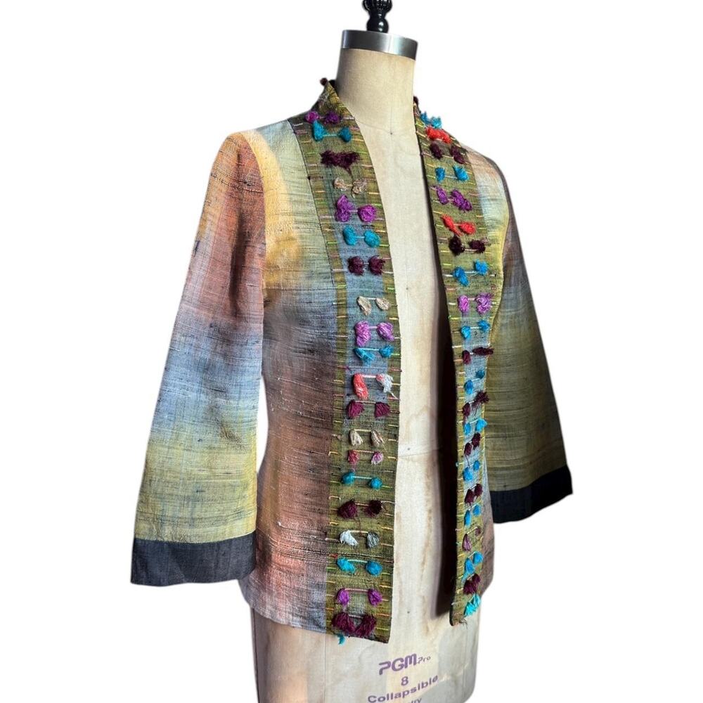Vintage Hand-loomed silk jacket with multicolor tufted trim detailing XS - Picture 2 of 5